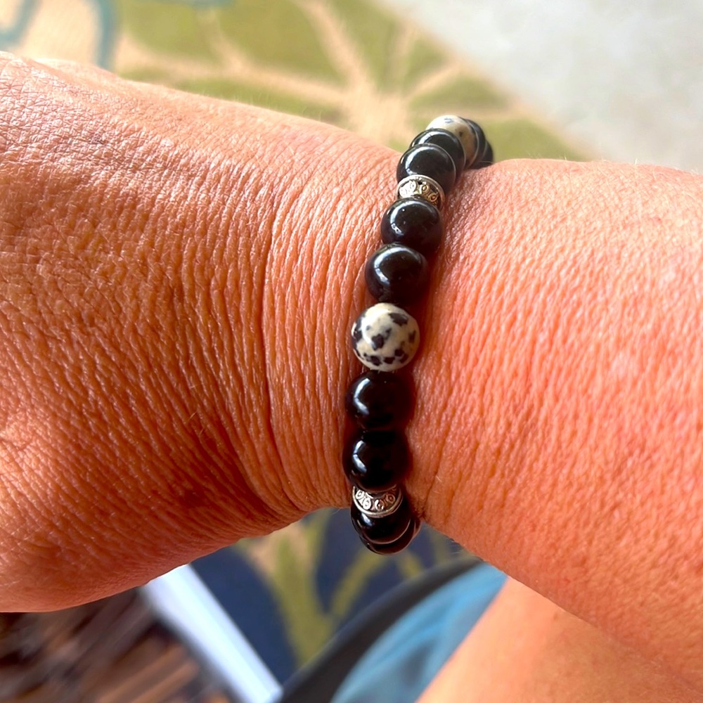 Dalmatian Jasper and glass black beads with silver spacers Sz S